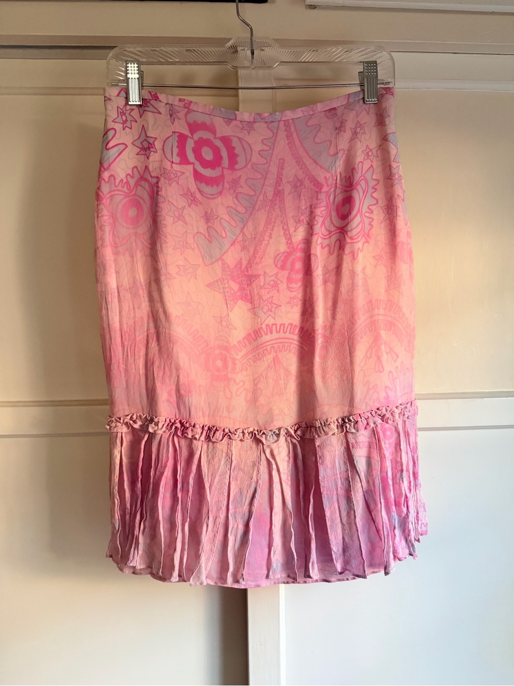 Escada Pink Silk Printed Midi Skirt with Ruffle Hem